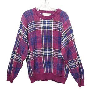 VTG John Ashford Sweater Men’s XL Maroon Navy Blue Plaid Crew Neck Pullover 90s